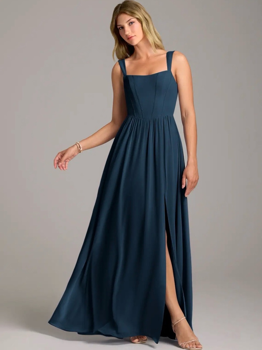 Azazie Dark Navy Rosaline Square-Neck Maxi Gown with Side Slit